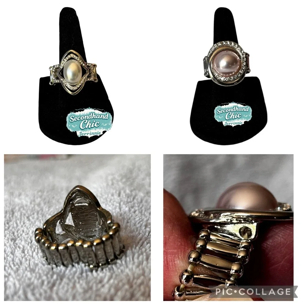 Paparazzi‎ Silver Faux Pearl Rhinestone Stretch Band Ring Set Size 10 Pink White